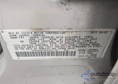 2002 Toyota Rav4 from USA, damaged, VIN JTEHH20V426062130